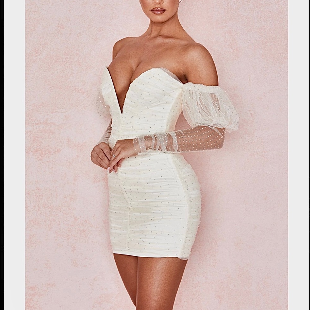 NWT House of CB Milana cream tulle mesh rhinestone puff sleeve mini ruched dress - Picture 6 of 7